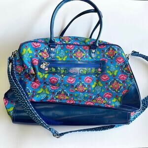 Oililly Women’s Blue Floral Bag Satchel Purse Crossbody Vinyl Nylon Folksy